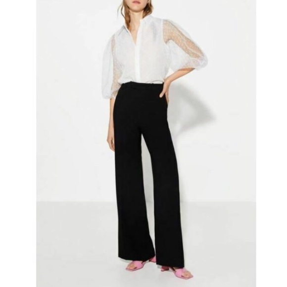 ♥️ LAST size M ♥️NWT ZARA BLACK FLOWY WIDE LEG PANTS - Picture 3 of 7